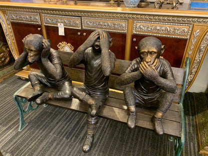 Three wise monkeys on bench large bronze statue bronze - Size: 52" x 32" x 36"H