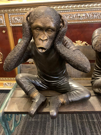 Three wise monkeys on bench large bronze statue bronze - Size: 52" x 32" x 36"H