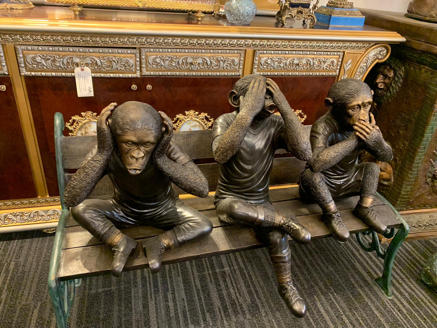 Three wise monkeys on bench large bronze statue bronze - Size: 52" x 32" x 36"H