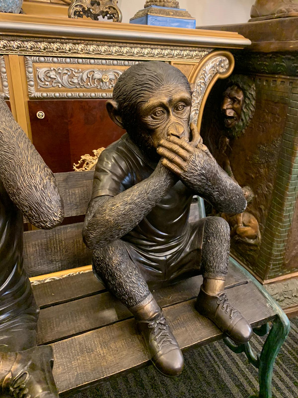 Three wise monkeys on bench large bronze statue bronze - Size: 52" x 32" x 36"H