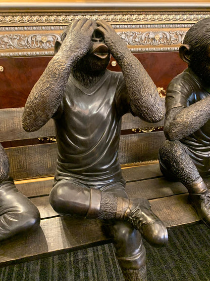 Three wise monkeys on bench large bronze statue bronze - Size: 52" x 32" x 36"H