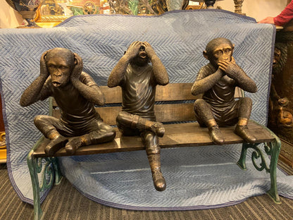 Three wise monkeys on bench large bronze statue bronze - Size: 52" x 32" x 36"H