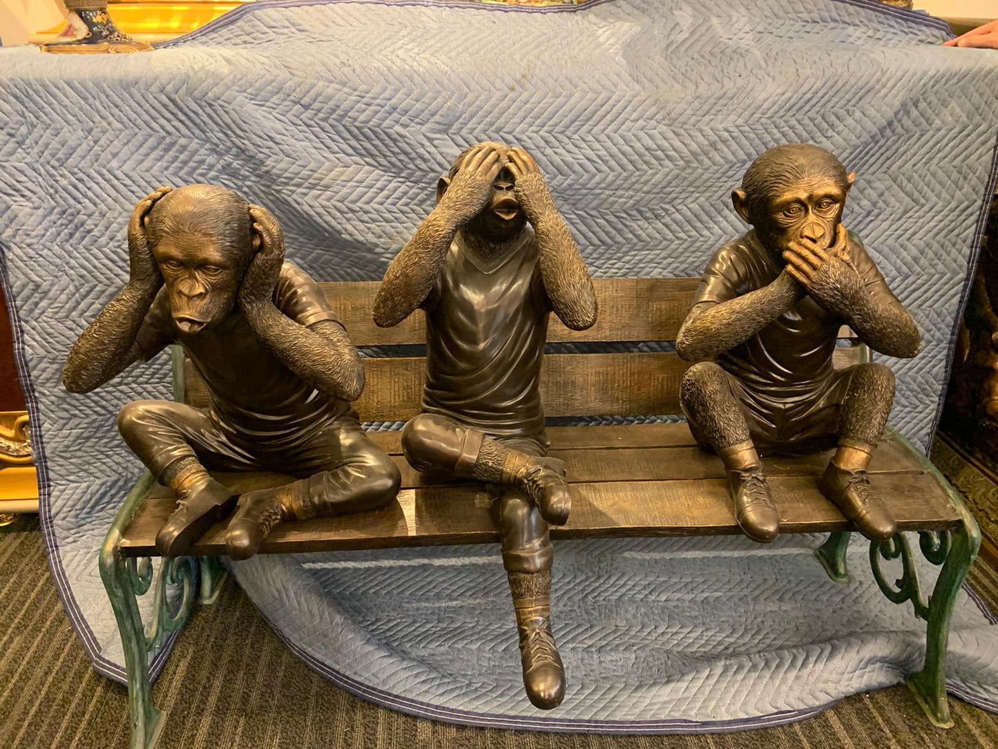 Three wise monkeys on bench large bronze statue bronze - Size: 52" x 32" x 36"H