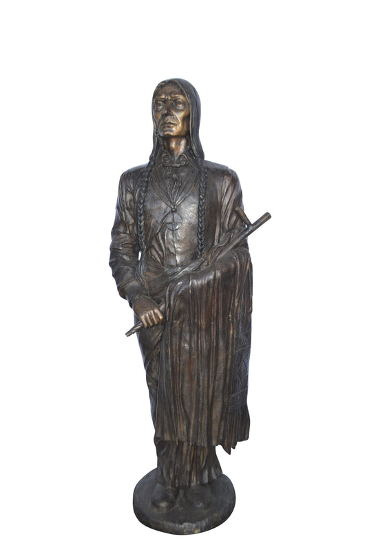 Indian Holding a Pipe Bronze Statue Life Size -  Size: 26"L x 14"W x 68"H.
