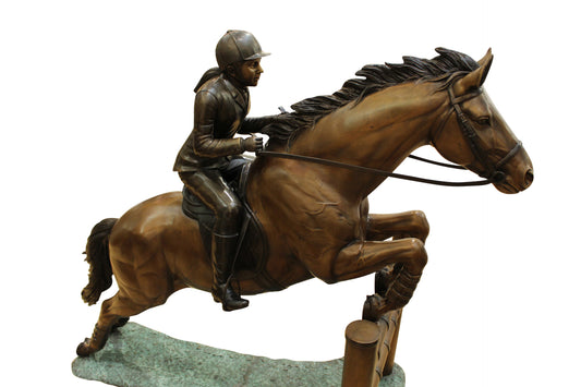 Jockey and Horse Jump a Fence Bronze Statue -  Size: 60"L x 30"W x 51"H. 