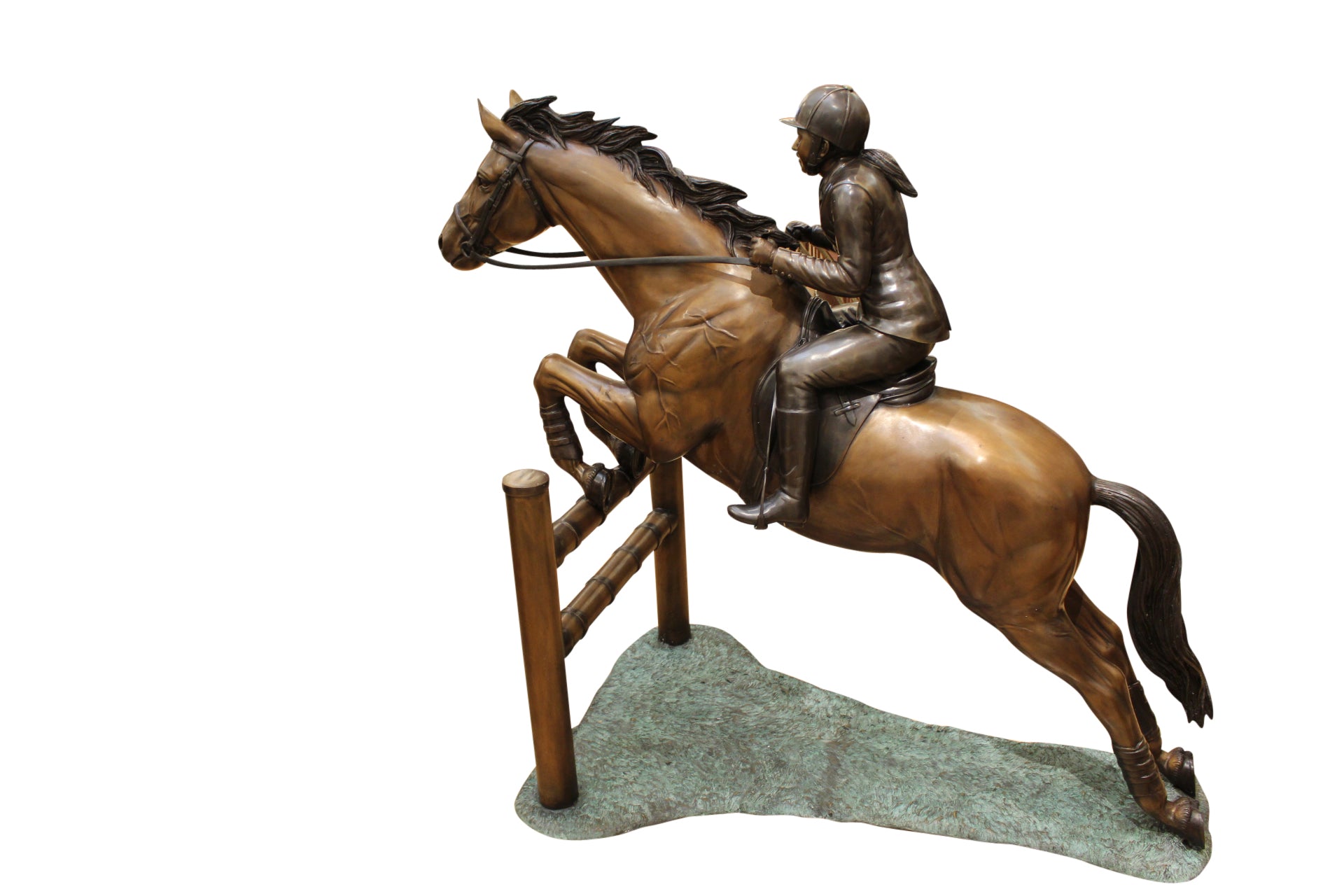 Jockey and Horse Jump a Fence Bronze Statue -  Size: 60"L x 30"W x 51"H. 