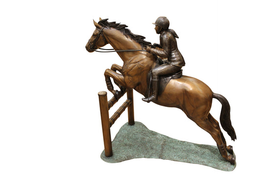 Jockey and Horse Jump a Fence Bronze Statue -  Size: 60"L x 30"W x 51"H. 