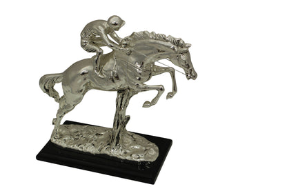 Jockey on Horse Silver Finished  - Bronze Statue -  Size: 13"L x 5"W x 12"H. 