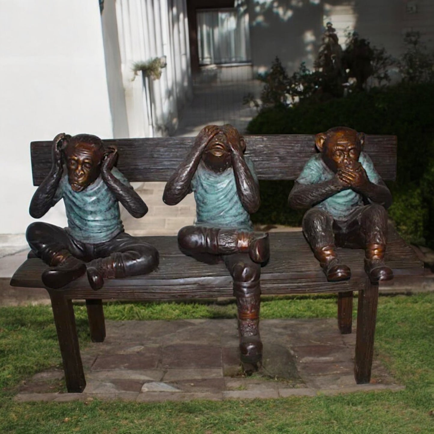 Three Wise Monkeys on Bench Bronze Statue