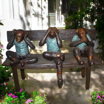 Three Wise Monkeys on Bench Bronze Statue