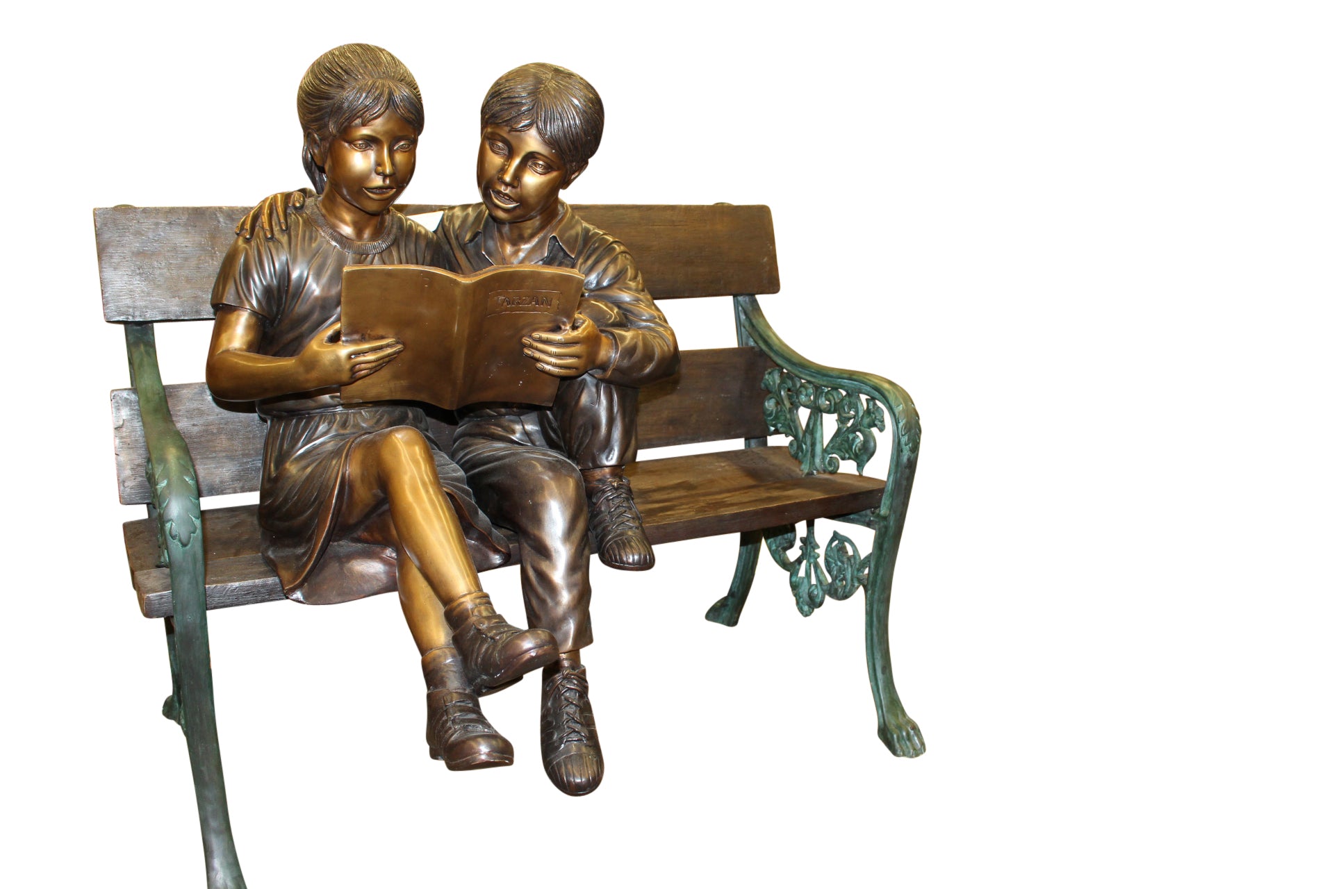 Kids Reading a Book on a Bench Bronze Statue -  Size: 23"L x 38"W x 37"H. 