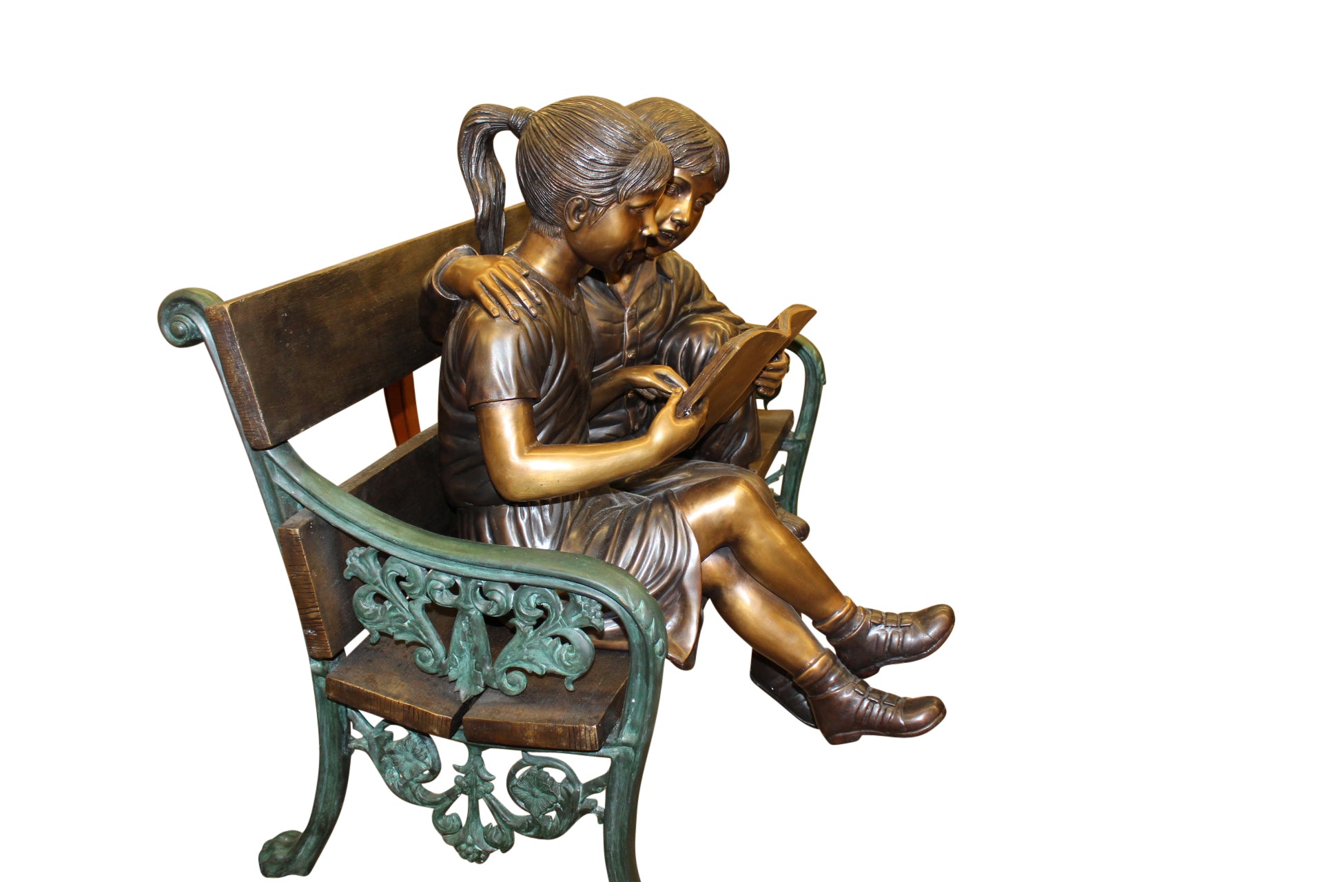 Kids Reading a Book on a Bench Bronze Statue -  Size: 23"L x 38"W x 37"H. 