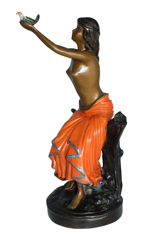 Lady Holds a Bird Up Bronze Statue -  Size: 7"L x 7"W x 20"H. 