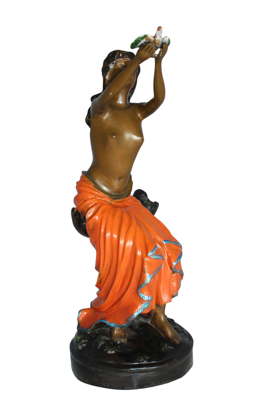 Lady Holds a Bird Up Bronze Statue -  Size: 7"L x 7"W x 20"H. 
