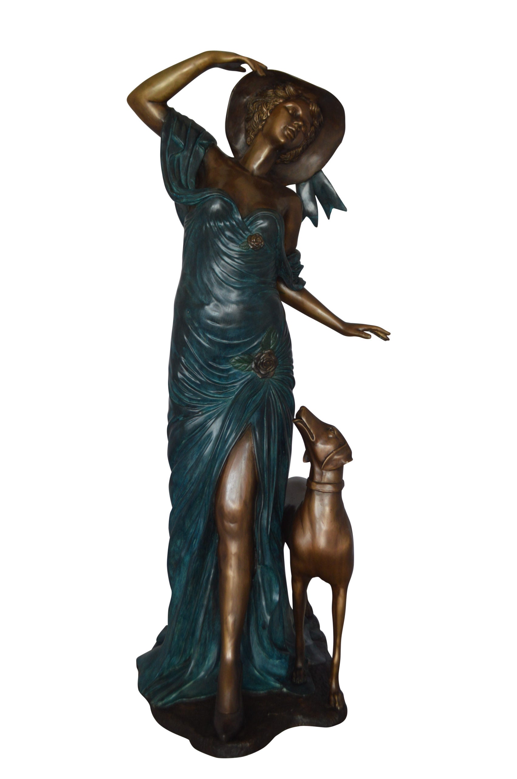 Lady With Her Dog Bronze Statue -  Size: 25"L x 22"W x 50"H. 