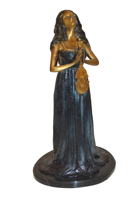 Lady With Violin Bronze Statue -  Size: 11"L x 8"W x 23"H.