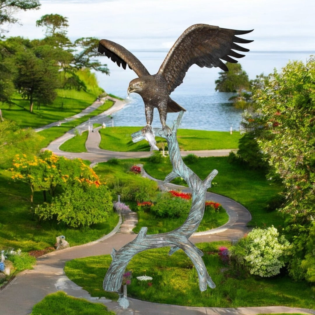 Large Eagle standing on tree with his fish prey Bronze Statue -  60"x 40"x 75"H