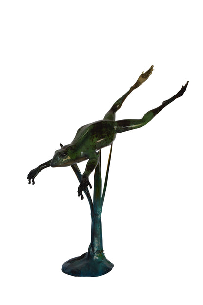 Large Frog Jumping Down Bronze Statue on a  Marble -  Size: 29"L x 21"W x 40"H.