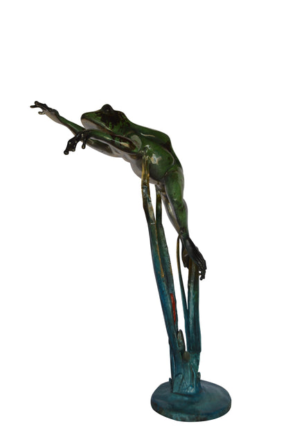 Large Frog Jumping Forward Bronze Statue on Marble -  Size: 25"L x 15"W x 36"H.