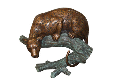 Leopard on a Tree Trunk Bronze Statue -  Size: 38"L x 34"W x 36"H.