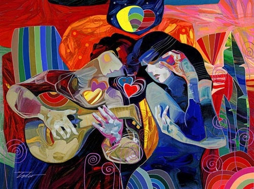 Saphir, colorful piece by Tadeo, 24 x 18 signed, un-stretched and un-framed.