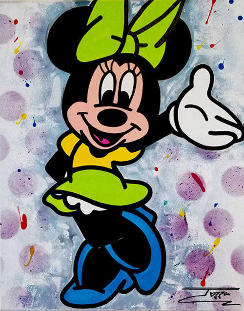 Minnie with Green Bow, Mixed Media on canvas, signed by artist ,Jozza, 16x20