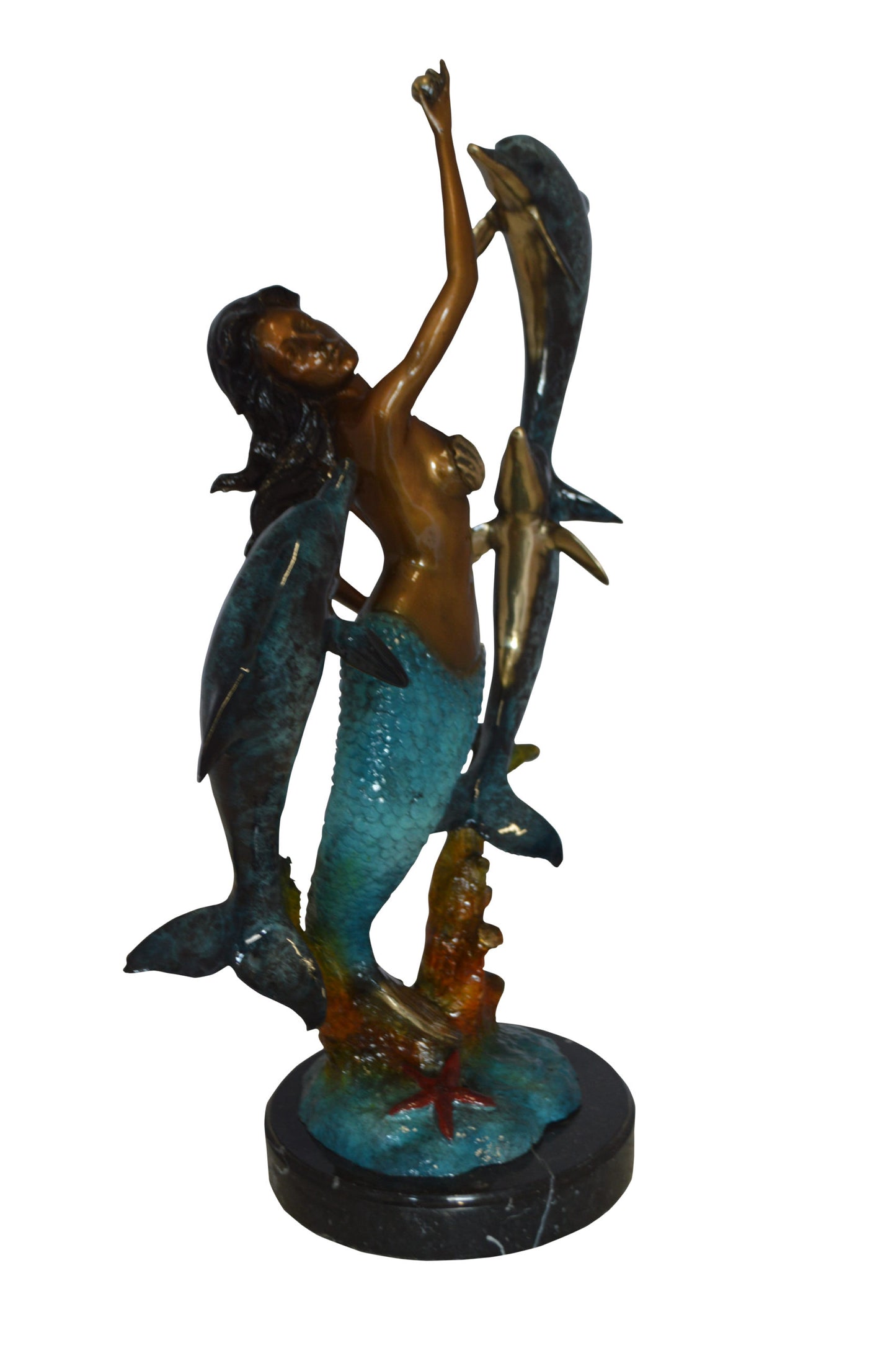 Mermaid With Three Dolphins Bronze Statue -  Size: 15"L x 8"W x 25"H. 