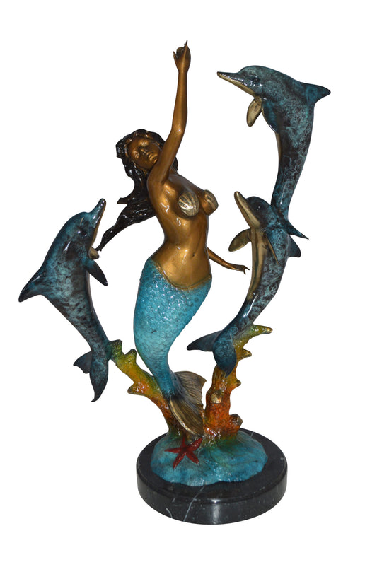 Mermaid With Three Dolphins Bronze Statue -  Size: 15"L x 8"W x 25"H. 