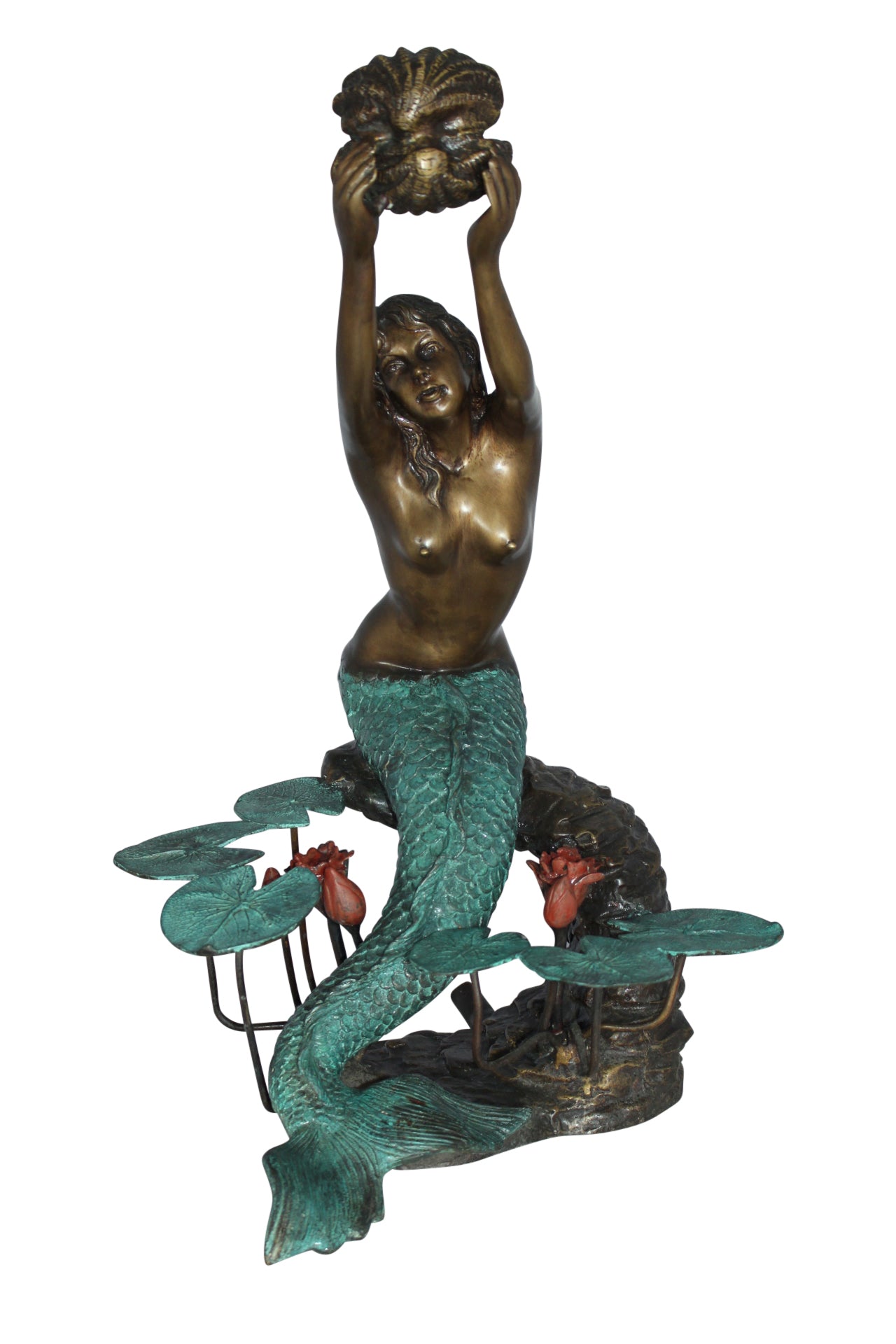 Mermaid holding a Shell Fountain Bronze Statue Art Nude -  Size: 9"L x 12"W x 20"H.