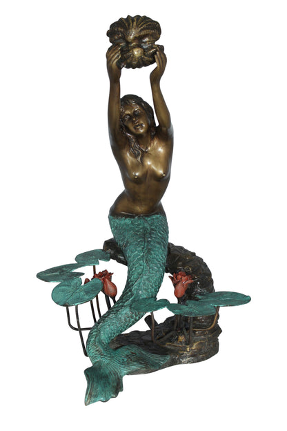 Mermaid holding a Shell Fountain Bronze Statue Art Nude -  Size: 9"L x 12"W x 20"H.