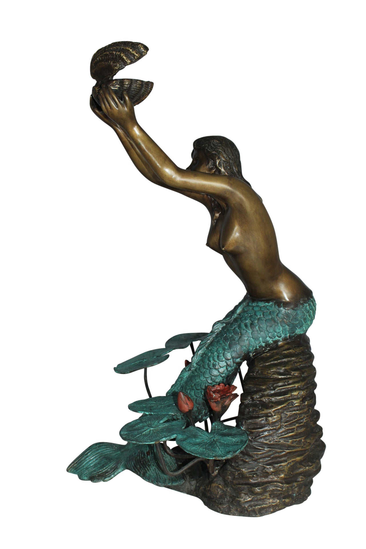 Mermaid holding a Shell Fountain Bronze Statue Art Nude -  Size: 9"L x 12"W x 20"H.