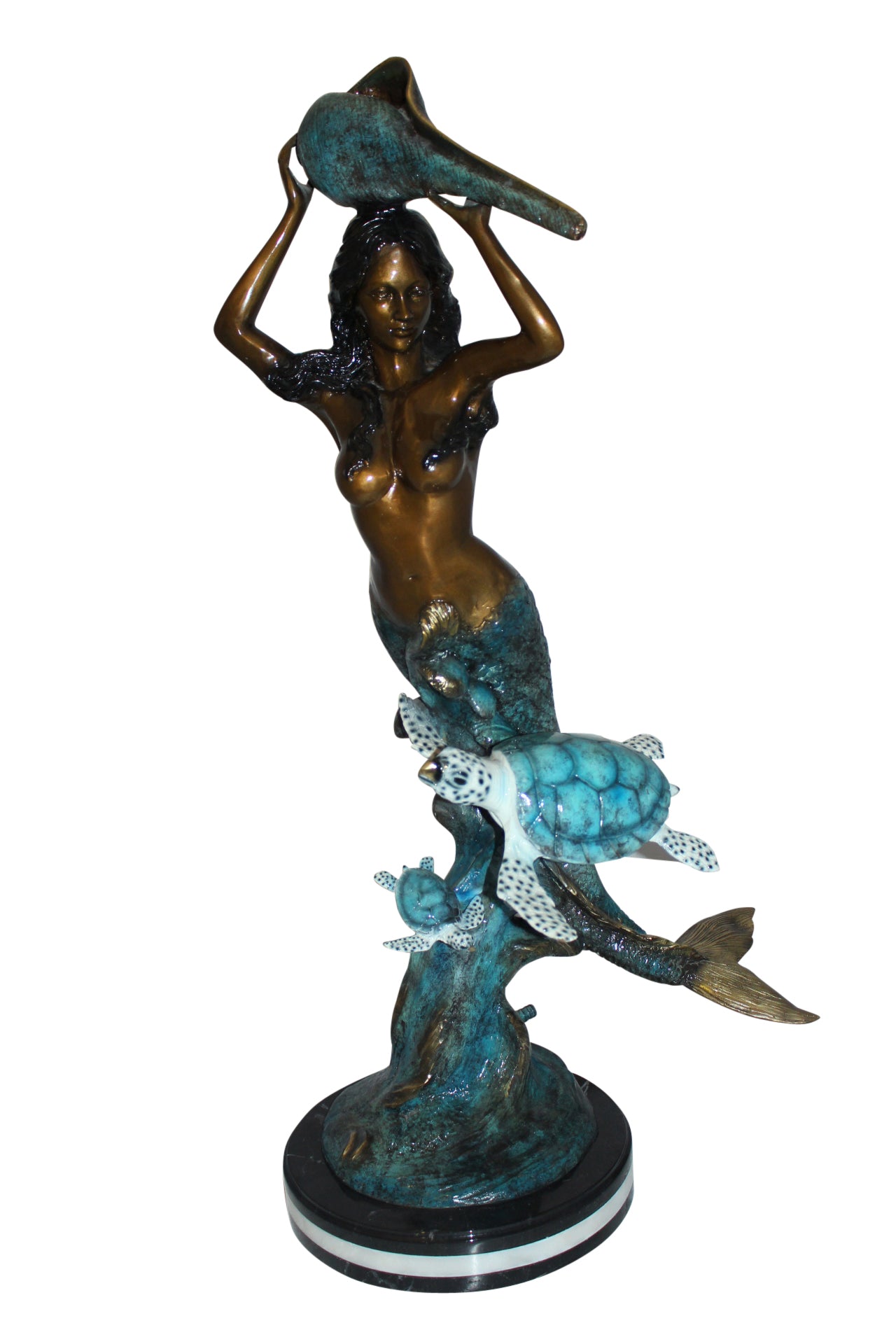 Mermaid 43 holding a shell fountain Bronze Statue -  Size: 14"L x 24"W x 43"H. 