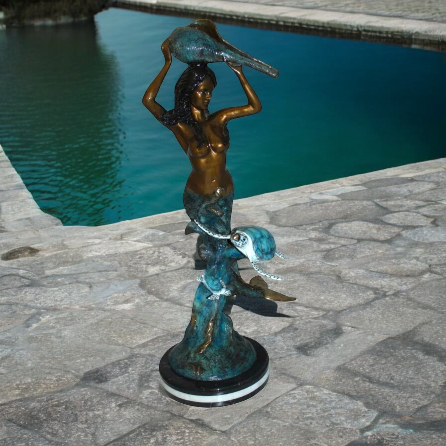 Mermaid 43 holding a shell fountain Bronze Statue Art Nude 14"L x 24"W x 43"H.