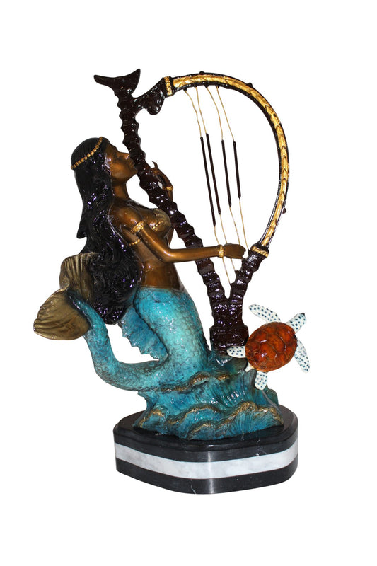Mermaid play harp Bronze Statue -  Size: 13"L x 8"W x 22"H. 
