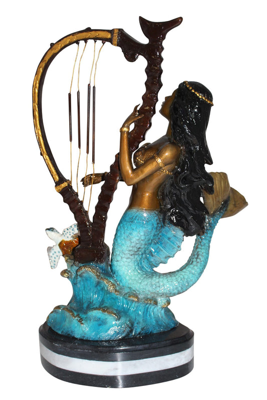 Mermaid play harp Bronze Statue -  Size: 13"L x 8"W x 22"H. 