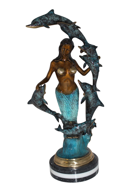 Mermaid w 7 Dolphins Bronze Statue -  Size: 12"L x 12"W x 29"H. 