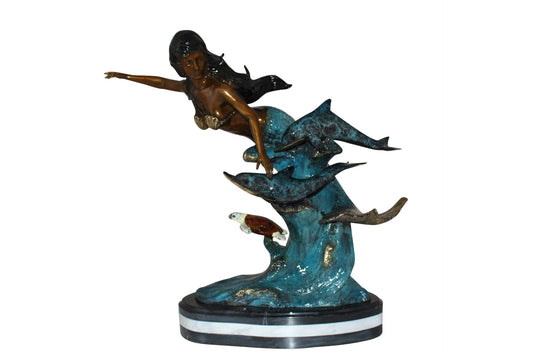 Mermaid w Dolphin and turtle Bronze Statue -  Size: 19"L x 9"W x 22"H. 