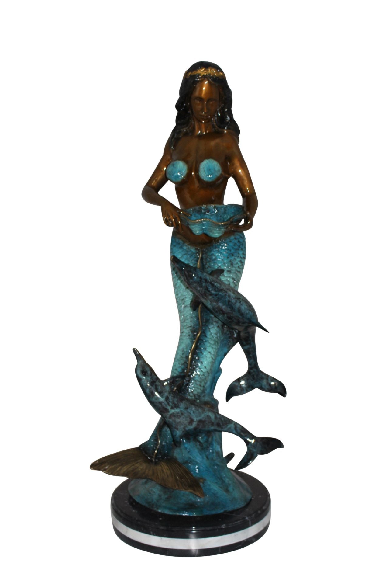 Mermaid with 2 dolphins Bronze Statue -  Size: 14"L x 14"W x 28"H. 