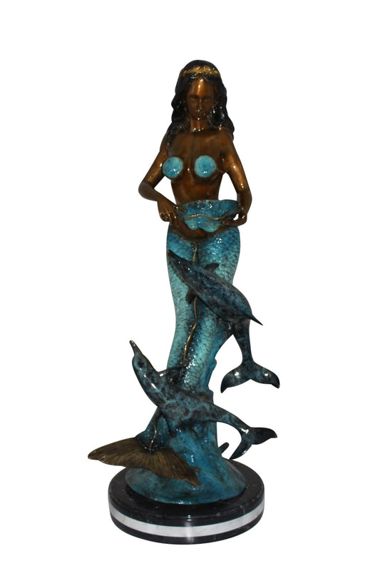 Mermaid with 2 dolphins Bronze Statue -  Size: 14"L x 14"W x 28"H. 