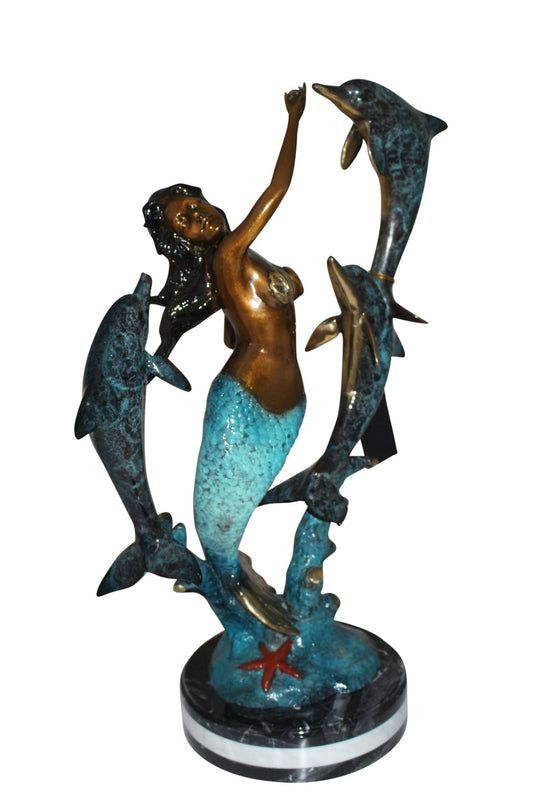 Mermaid with 3 dolphins Bronze Statue -  Size: 16"L x 10"W x 25"H. 