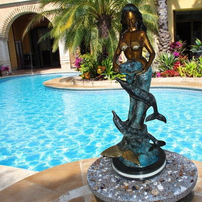 Mermaid with Dolphin Fountain Bronze Statue -  Size: 16"L x 16"W x 39"H.