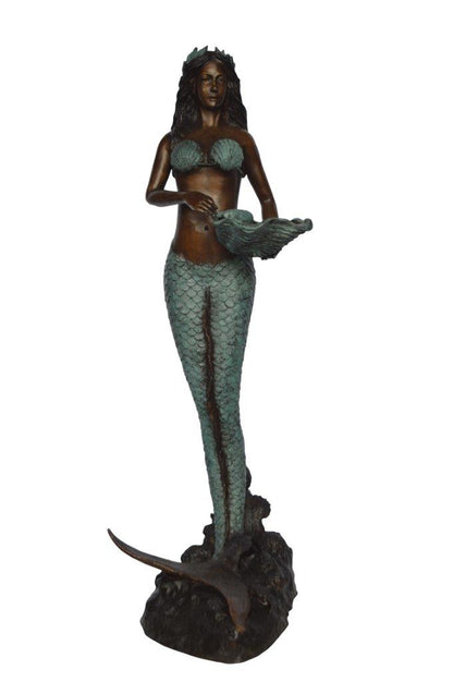 Mermaid Holding a Shell Bronze Fountain -  Size: 18"L x 19"W x 46"H.