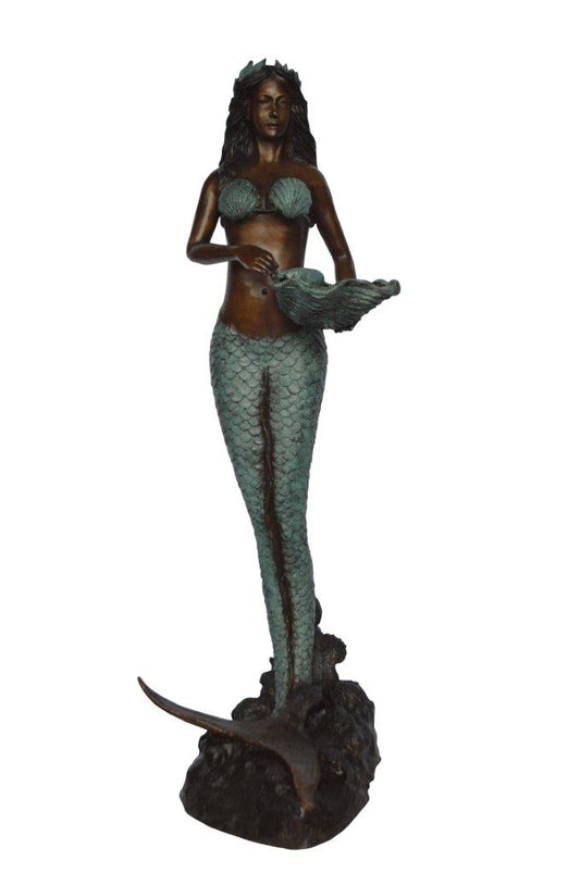 Mermaid Holding a Shell Bronze Fountain -  Size: 18"L x 19"W x 46"H.