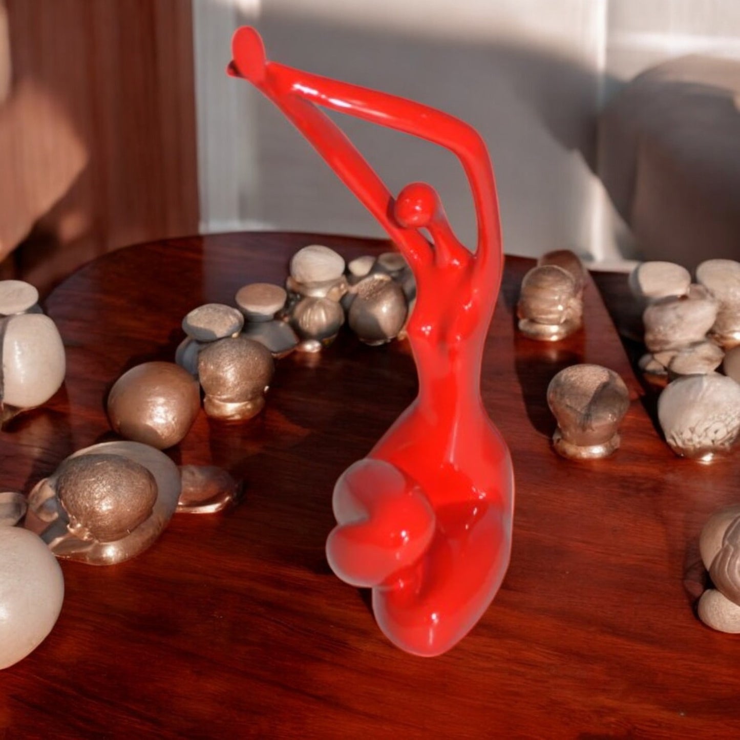 Modern Art Dancer in Action Red Resin Statue -  Size: 4"L x 6"W x 13"H.