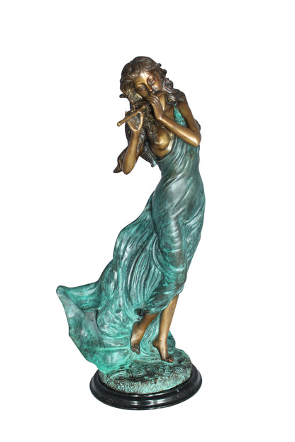 Musical Girl Bronze Statue -  Size: 8"L x 7"W x 19"H. 