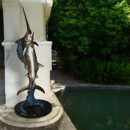One sailfish on a marble - Bronze Statue -  Size: 17"L x 17"W x 46"H.