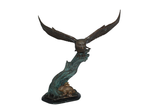 Owl with Rabbit Bronze Statue -  Size: 20"L x 8"W x 22"H. 