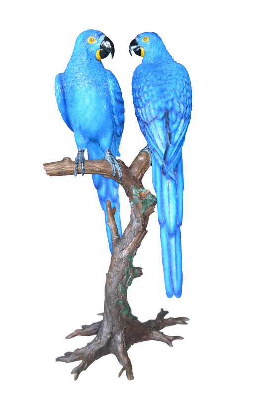Pair of Blue Parrots on a tree - Bronze Statue -  Size: 43"L x 28"W x 67"H.