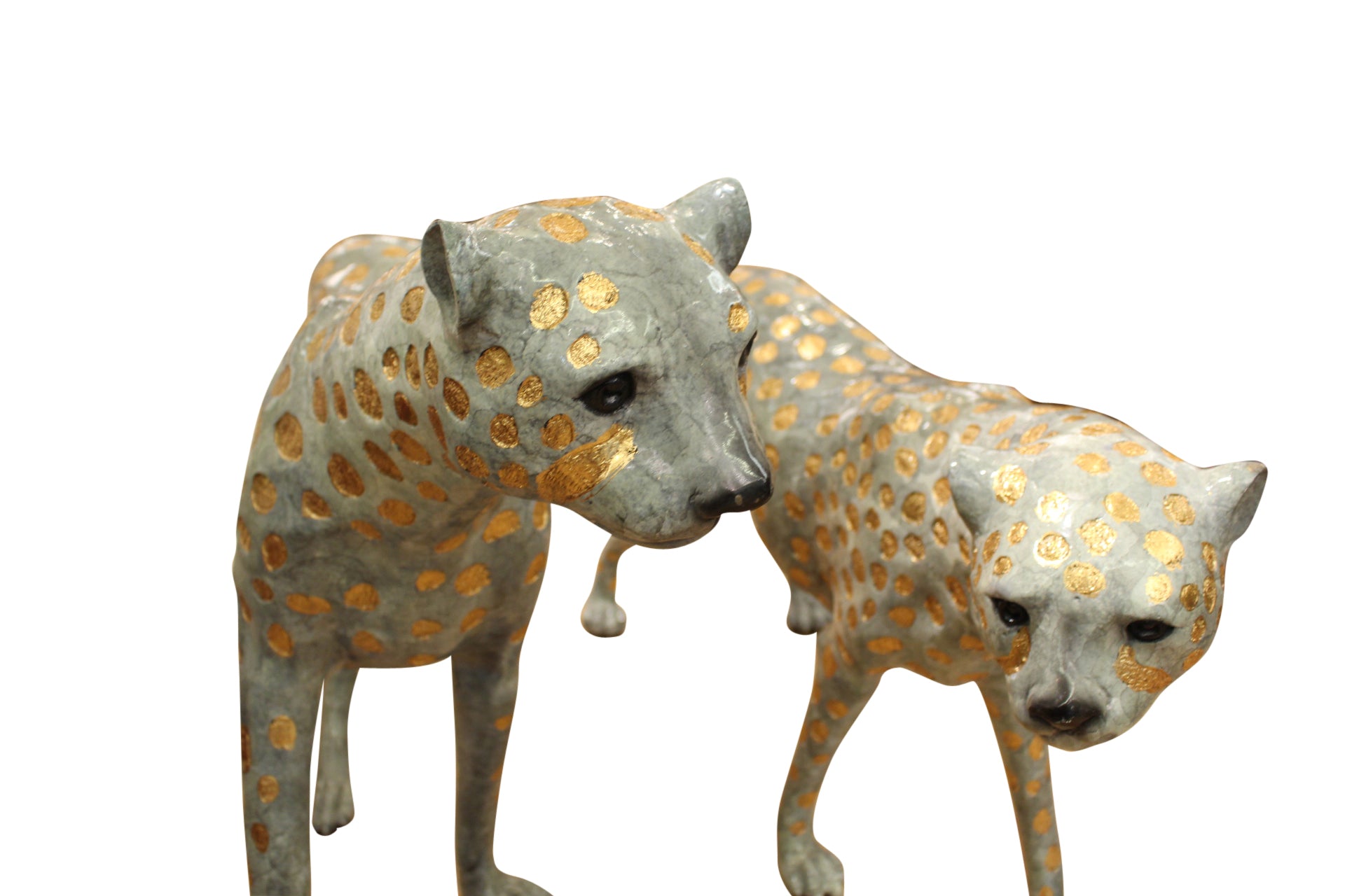 Pair of Golden-Plated Cheetahs Bronze Statue -  Size: 58"L x 10"W x 31"H. 