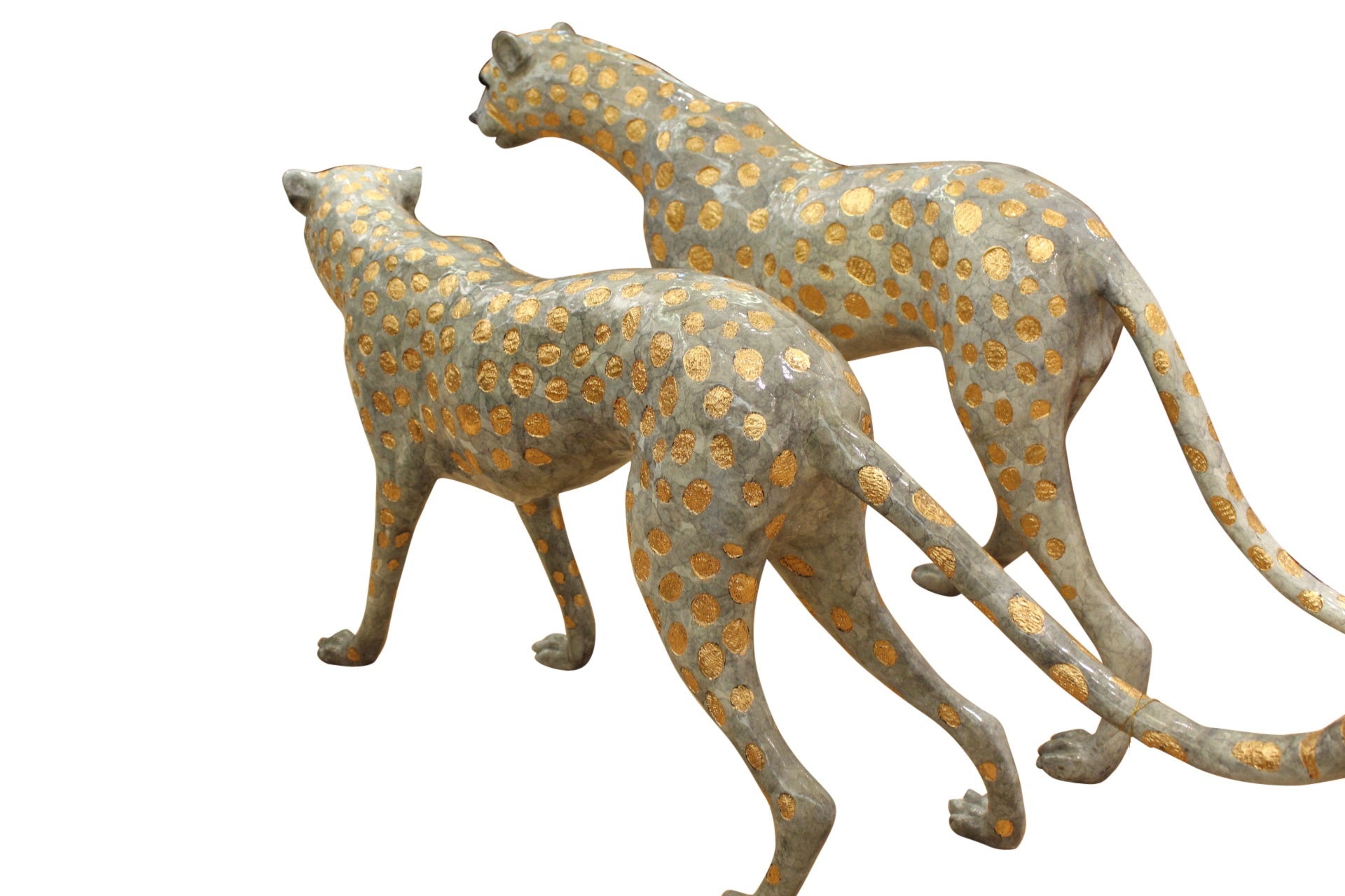 Pair of Golden-Plated Cheetahs Bronze Statue -  Size: 58"L x 10"W x 31"H. 